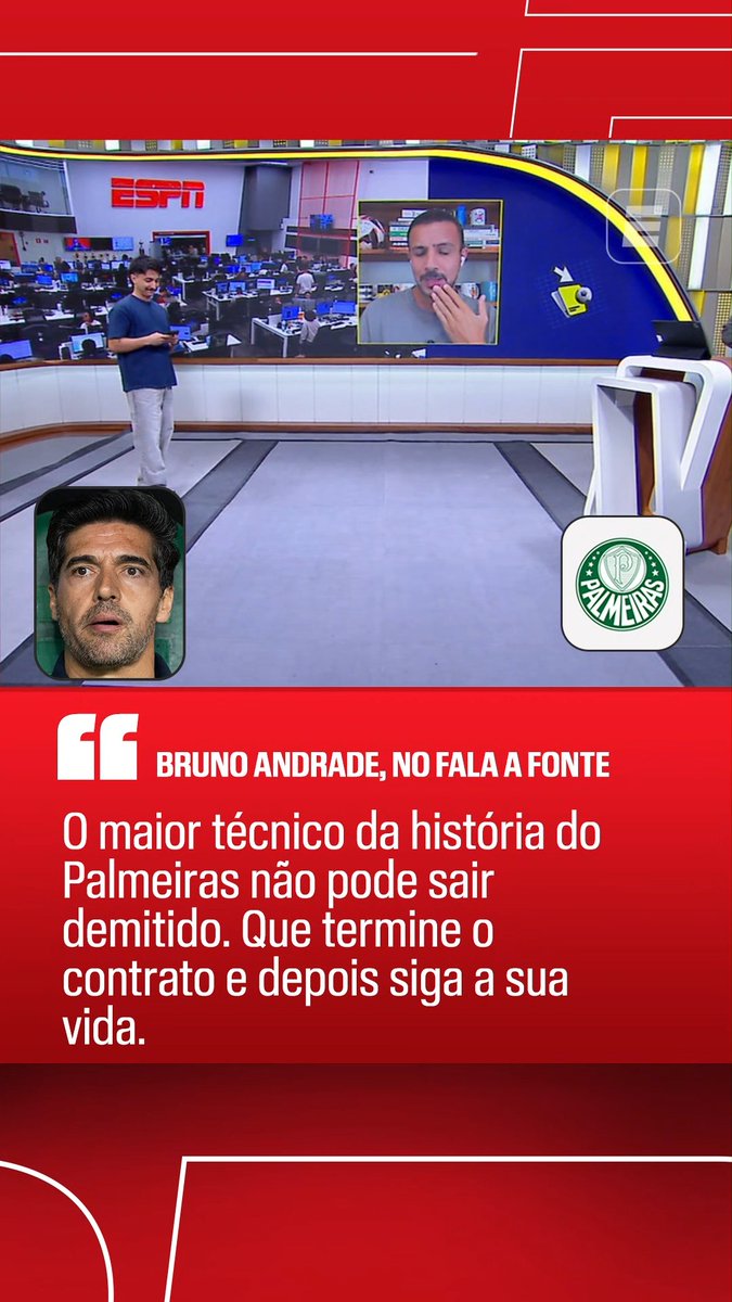 “O maior técnico da história do Palmeiras não pode sair demitido. Que termine o contrato e depois siga a sua vida. Demitir o Abel Ferreira ao longo da temporada, com a história que ele fez, eu vejo com maus olhos.” 🎙️ Bruno Andrade, na ESPN. 🎥 ESPN Brasil | SportsCenter Brasil