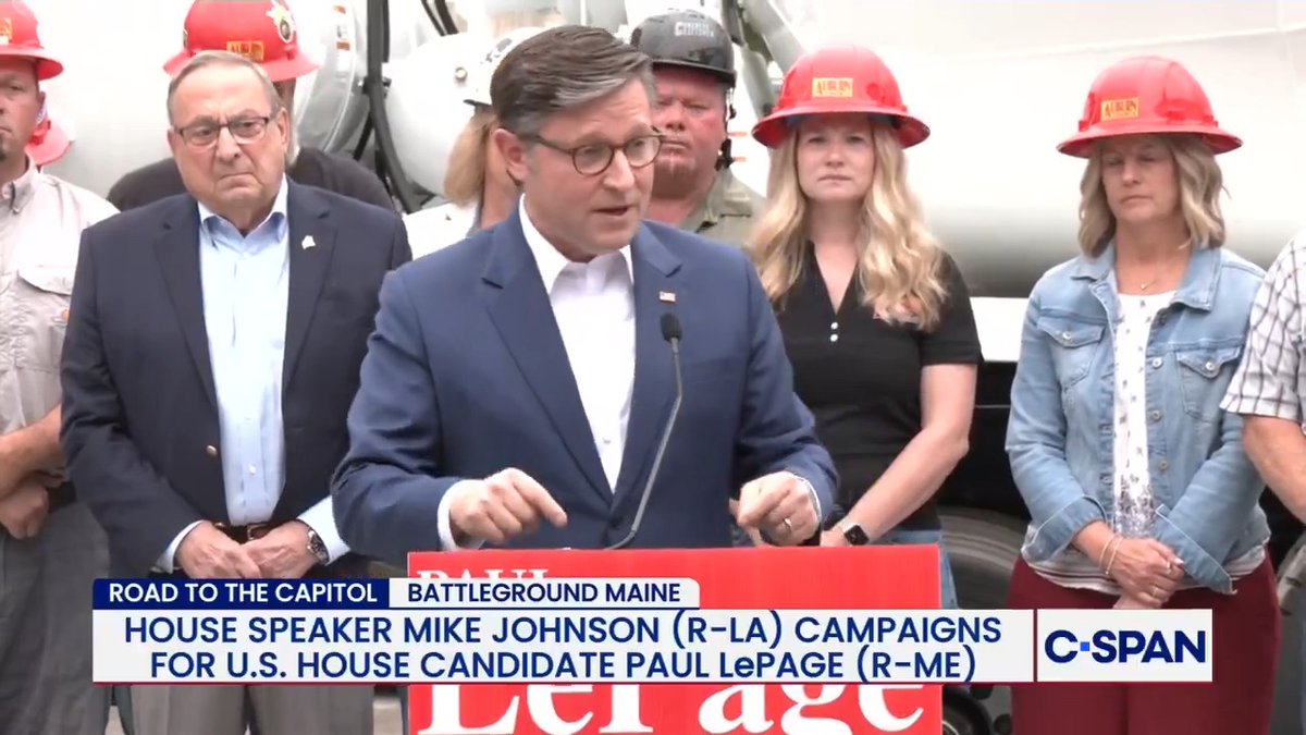 .Speaker Mike Johnson (R-LA) criticizes U.S. House candidate Matthew Dunlap (D-ME) and the Democratic Socialists of America while campaigning for Paul LePage (R-ME): "He's running against someone who represents the crazy column, okay?"