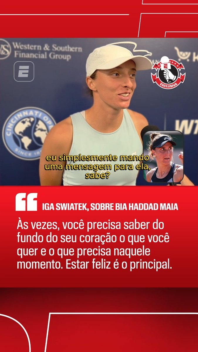 PALAVRAS DE ENCORAJAMENTO! ๐ช๐ง๐ท Em entrevista exclusiva ร ESPN, Iga Swiatek deixou algumas palavras de apoio para Bia Haddad Maia e revelou que as duas tenistas mantรชm contato e conversam de vez em quando. No inรญcio deste mรชs, a brasileira anunciou que faria uma pausa temporรกria na carreira apรณs uma sequรชncia de resultados ruins na temporada e que nรฃo disputaria mais torneios em 2026. Apรณs a vitรณria na terceira rodada, a polonesa falou com a ESPN sobre o jogo e tambรฉm sobre a brasileira. ๐พ ๐ ASSISTA a todas as quadras de Cincinnati na ESPN pelo Plano Premium do #DisneyPlus! #TรชnisNaESPN #BiaHaddadMaia