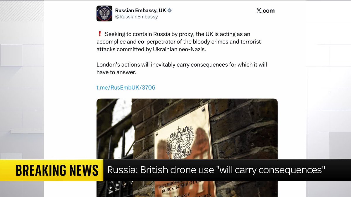 BREAKING: Russia's embassy to the UK has warned of 'consequences' after reports that British drones have been used to strike targets on Russia's mainland for the first time.