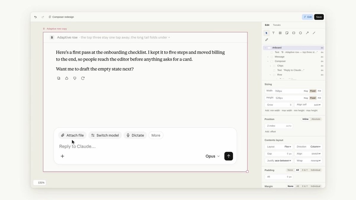 Today we’re releasing an early preview of the /design command in Claude Code! from CC Desktop or CLI, try something like "/design a few options for {feature}" before you build — pick your fave artboard, edit it and implement.