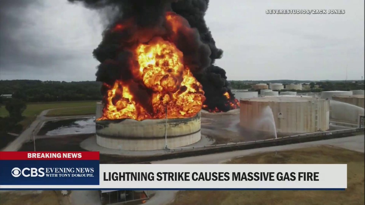 A lightning strike sparked a massive fire at a liquefied natural gas facility just south of Tulsa, Oklahoma, sending towering flames and black smoke into the sky. Fire officials issued a shelter-in-place order for nearby schools and businesses and no injuries were reported.