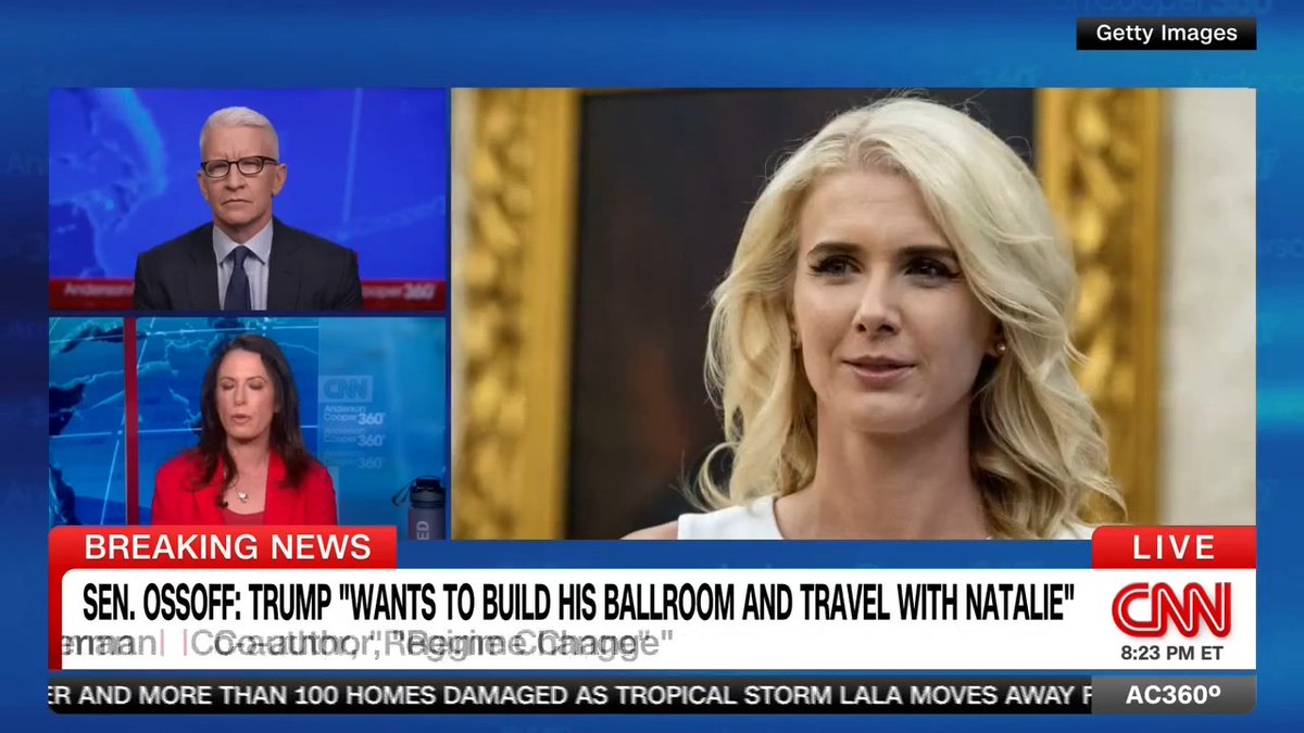 Sen. Ossoff insinuated Pres. Trump is more interested in traveling with aide Natalie Harp than running the country. "Regime Change" author Maggie Haberman says Harp is "completely devoted to Trump" and he has told people around him that "she'll never leave me."