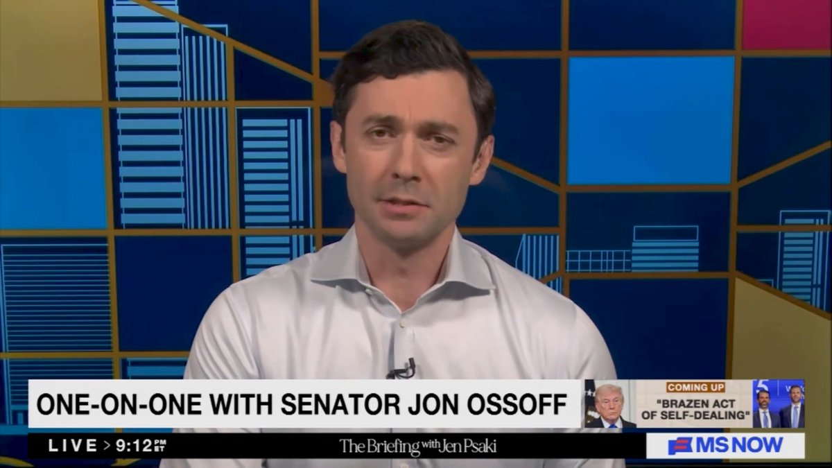 Ossoff: Every single minute of every single day, what the president of the United States should be doing is bearing his most solemn burden of care for the sailors and Marines and aviators and all service members deployed on his orders, on the basis of his lies, to this disaster in the Middle East. And just like the West Wing is full of sycophants who tell him what he wants to hear and enable him, so is the United States Congress. Republicans in the House and Senate who still lack the spine to tell this president what he doesn't want to hear. And one of those is Congressman Mike Collins here in Georgia. The pro-war, pro-tariff, pro-cutting your health care, bigot congressman, Trump puppet who wants a six-year term in the United States Senate.