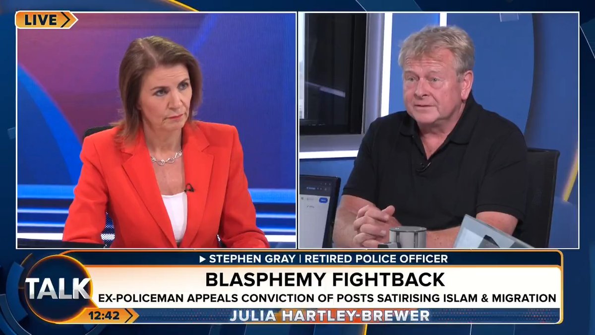 🚨"We only have blasphemy laws for Islam... This is Britain. British laws for British values." Retired police officer Stephen Gray talks to Julia about blasphemy laws returning via the back door after being convicted of sharing a social media post. Julia Hartley-Brewer | The Free Speech Union
