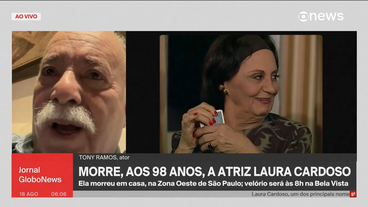 "Ela era a nossa rainha, a rainha da TV (...) Quero me lembrar dela com esse talento, vigor e determinação. (...) Junto a dramaturgia era uma atriz plena.", diz emocionado o ator Tony Ramos sobre a morte da atriz Laura Cardoso. ➡️#JornalGloboNews de segunda a sexta, às 06h, na #GloboNews #luto #LauraCardoso #dramaturgia