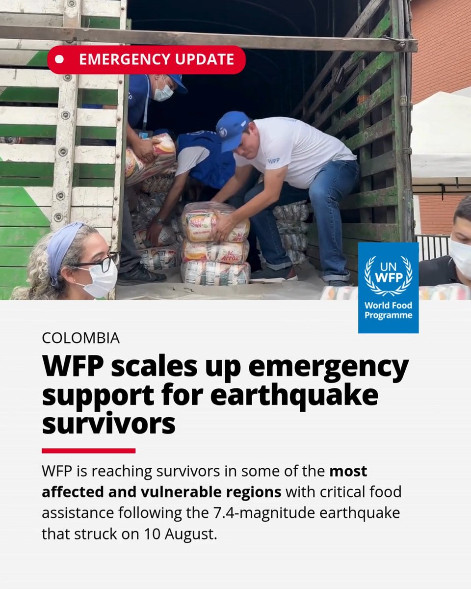 📍#Colombia: WFP is scaling up emergency food assistance. More than 2,000 people received assistance in Pereira and Quibdó on Sunday alone, with food stocks moving through hubs in Cali, Quibdó and Medellín. Even before the quake, close to 7M people in Colombia faced moderate or severe food insecurity. 🔗