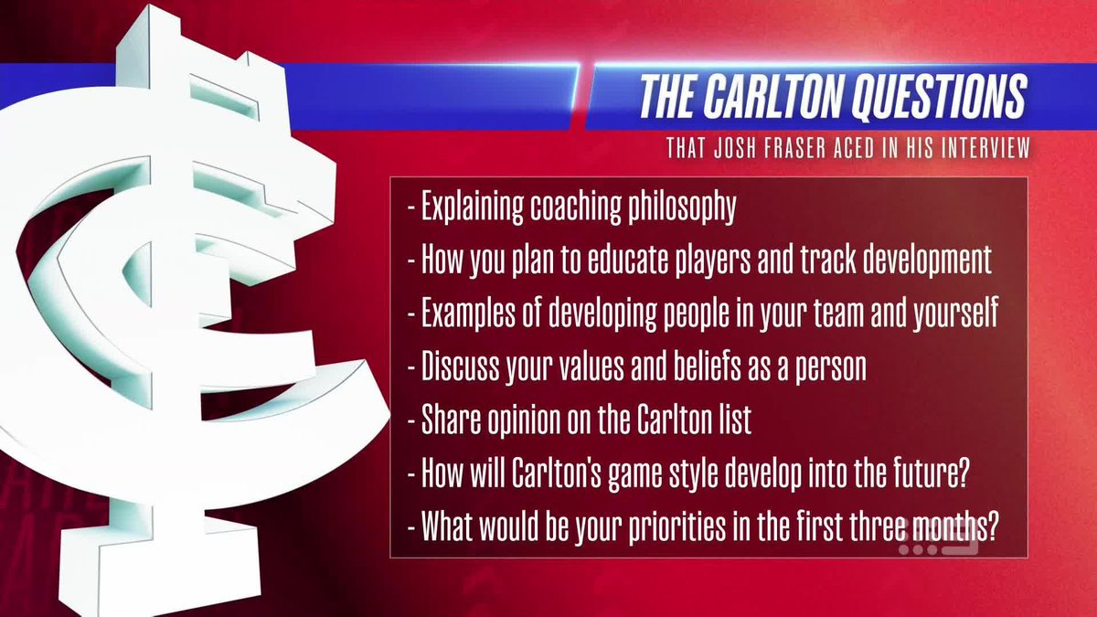 .Callum Twomey reveals the seven questions Josh Fraser answered to win the Carlton coaching role. #9FootyClassified | Watch on 9 & 9Now 🖥️