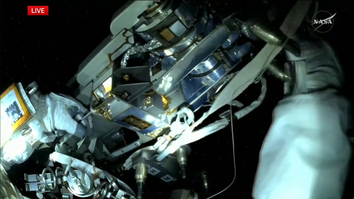 Live footage from the International Space Station via NASA: Watch as two astronauts perform a spacewalk to replace a space-to-ground antenna on the orbital complex.