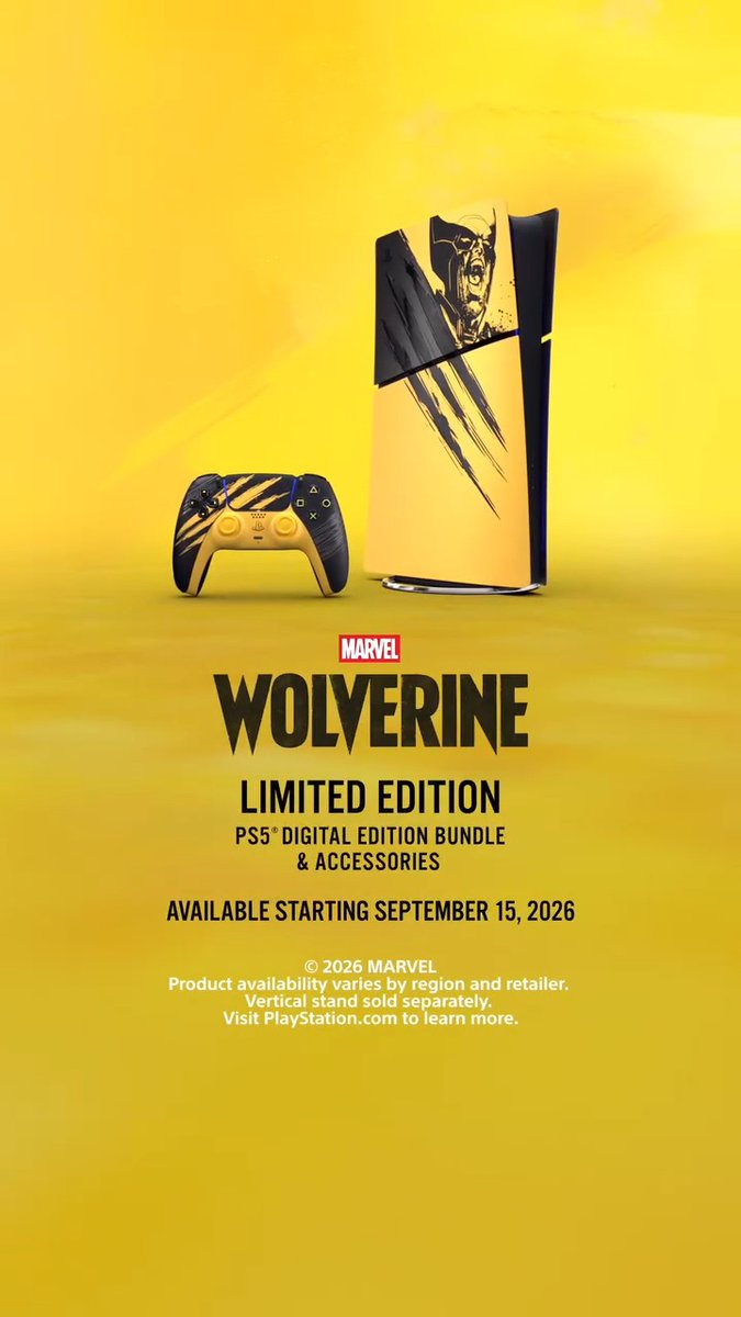 Get your claws on a Limited Edition PS5 Digital Edition Bundle and accessories inspired by Marvel's Wolverine, including Battle Yellow and Adamantium console covers and DualSense controllers releasing on September 15. Mark your calendar... Pre-orders go live tomorrow.