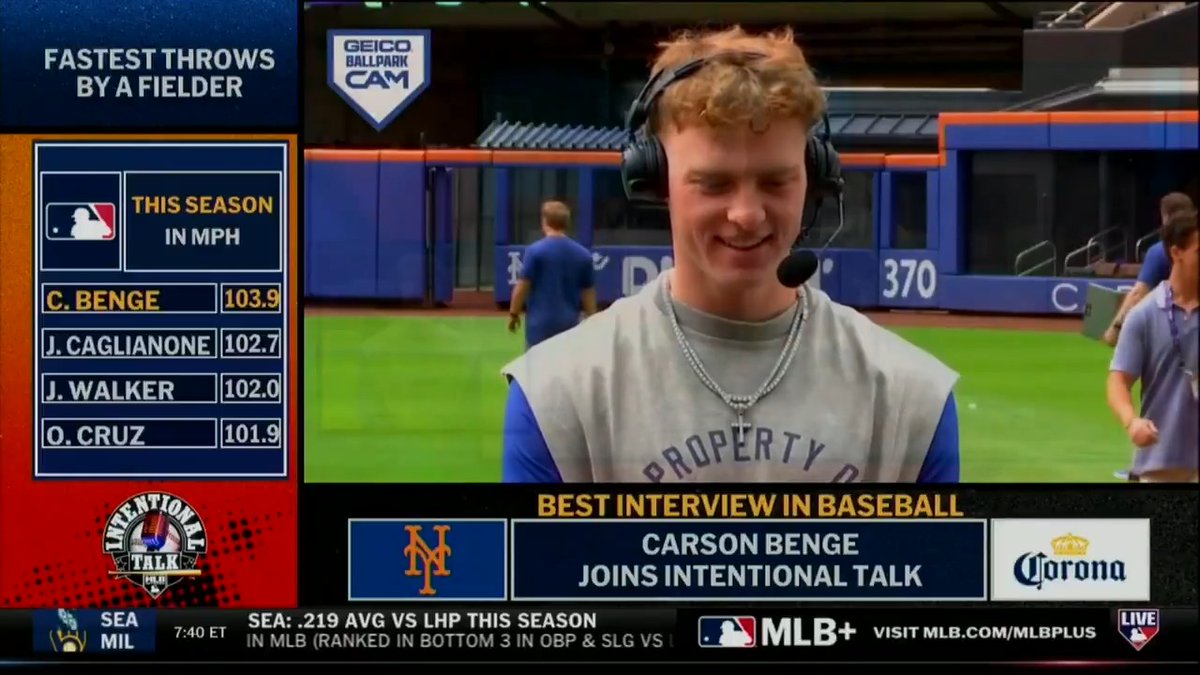 "103.9 [mph] is pretty special. I had to let A.J. [Ewing] know a little bit... I told them all I had it in me." 😂 Carson Benge showed off the CANNON last night, throwing out multiple opponents at home as the New York Mets continued their winning ways! MLB Network + Corona USA