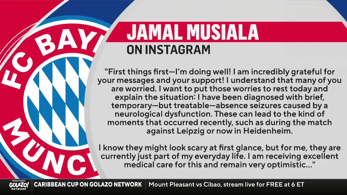 “This is no longer about wins, losses or performance. Today it’s about the life, the health, the wellbeing of this young man, Jamal Musiala.” Injury analyst Marty Jaramillo discusses Jamal Musiala’s statement regarding his diagnosis of seizures caused by a neurological dysfunction.
