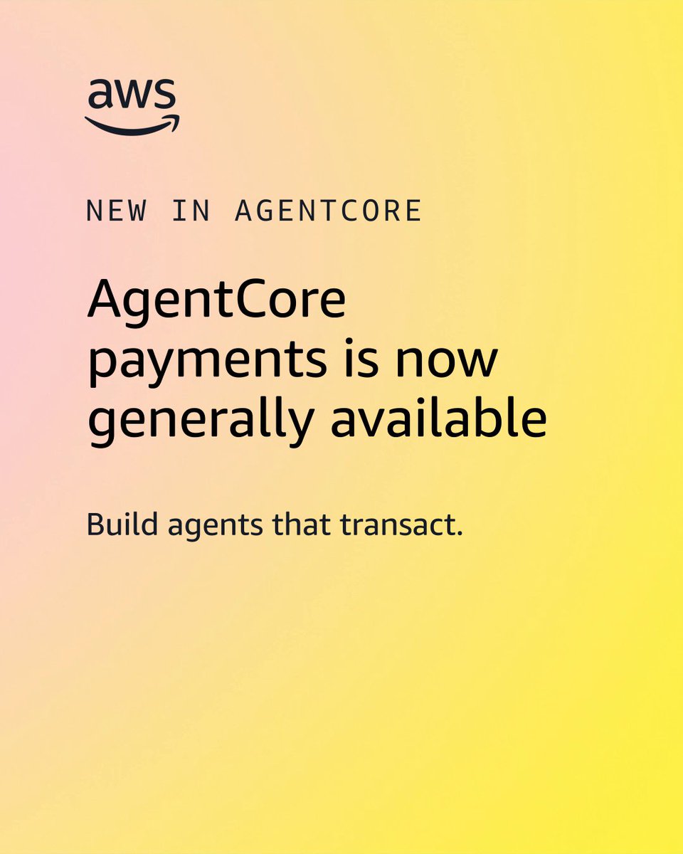 AgentCore payments is now generally available. Production-ready agentic transactions with security, guardrails, and observability from day 1.