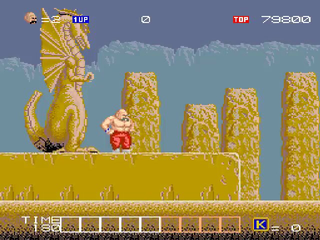 Karnov for arcade (Data East/1987). A game about a circus strongman who can use special items for different functions (ladders, bombs, etc.). Goal is to collect the pieces of a lost treasure map. Did cameos in other Data East titles, like Bad Dudes and Fighter's History, becoming a kind of cult mascot for the company. Ported to NES, C64, ZX Spectrum, Amstrad CPC, Mac OS and DOS.