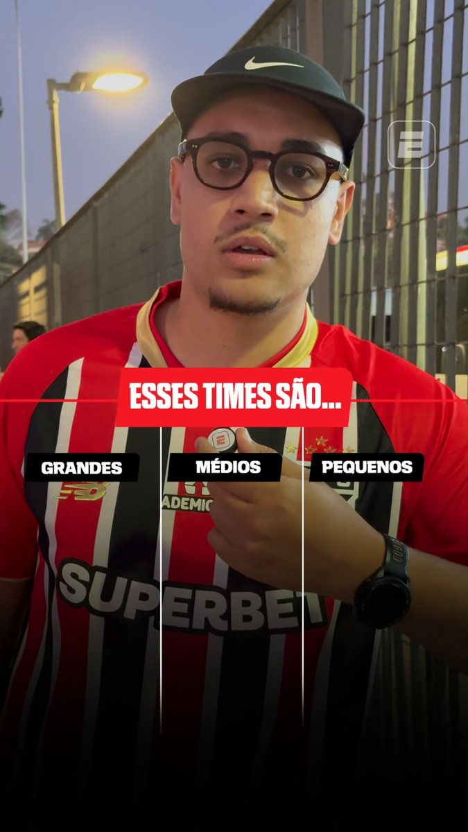 O torcedor do São Paulo classificou os times brasileiros entre grandes, médios e pequenos! Concorda com ele? Assista a São Paulo x Bolívar nesta terça, às 21h30, AO VIVO pela ESPN no Plano Premium do #DisneyPlus! #SulAmericanaNaESPN #sulamericana #saopaulo
