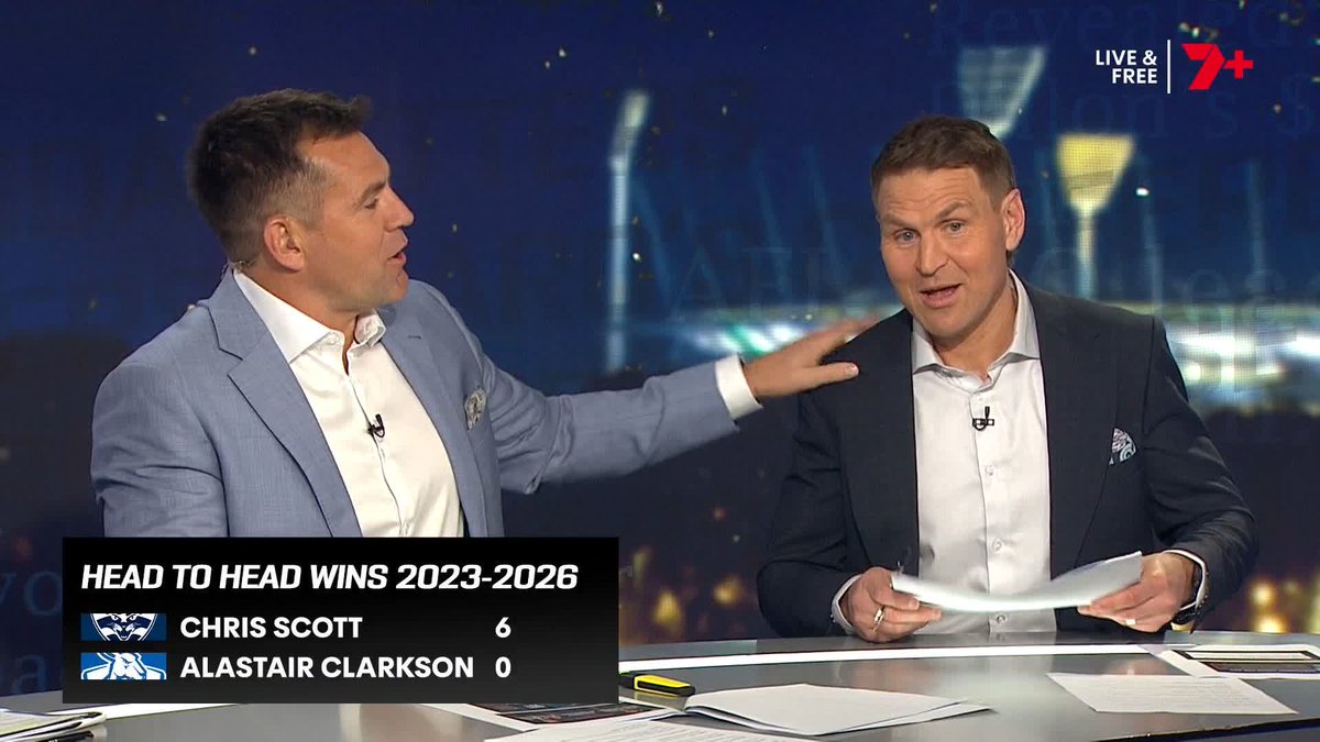 Kane: "I think we need to look at it (Clarko's W-L record v Chris Scott)." Hodgey: "Are you comparing- Look at the lists that they have." 🗣️ Kane Cornes and Luke Hodge on Chris Scott's 6-0 record over Alastair Clarkson