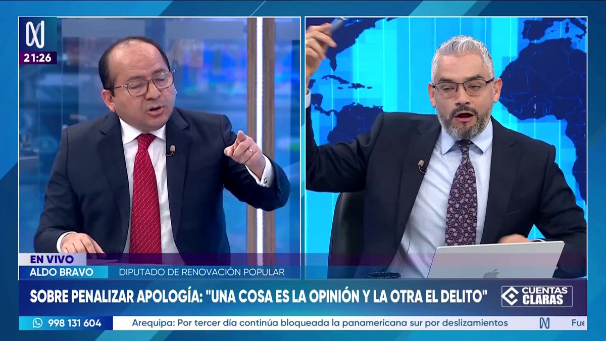 En #CuentasClaras, Aldo Bravo, diputado por Renovación Popular, sobre su proyecto de ley que busca penalizar la apología al delito: "Yo no le veo ningún peligro, veo más bien una claridad [...] Estoy incorporando un agravante. Ningún periodista o ningún líder político, nadie, puede instigar la comisión de un delito" ►