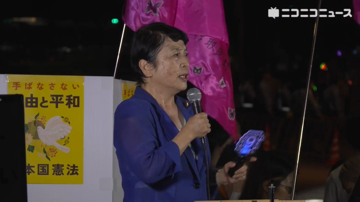社民党 福島みずほ党首が国会前デモでスピーチ 「監視社会、大政翼賛会、物の言えない社会はごめんです。武器輸出をして軍事を経済の中核に据えて金儲け、そんな国もごめんです」 「軍需産業を応援したら戦争が起きる。ナチスドイツと日本の戦前がそれを示している」 #国会正門前大行動0819 #社民党