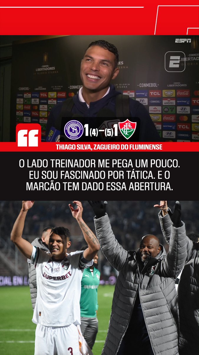 Thiago Silva, ao ser questionado sobre a possibilidade de virar treinador: "Jogar muito mais não dá, né? E o lado treinador me pega um pouco, eu sou fascinado por tática. E o Marcão tem dado essa abertura." 🎥 ESPN Brasil | SportsCenter Brasil