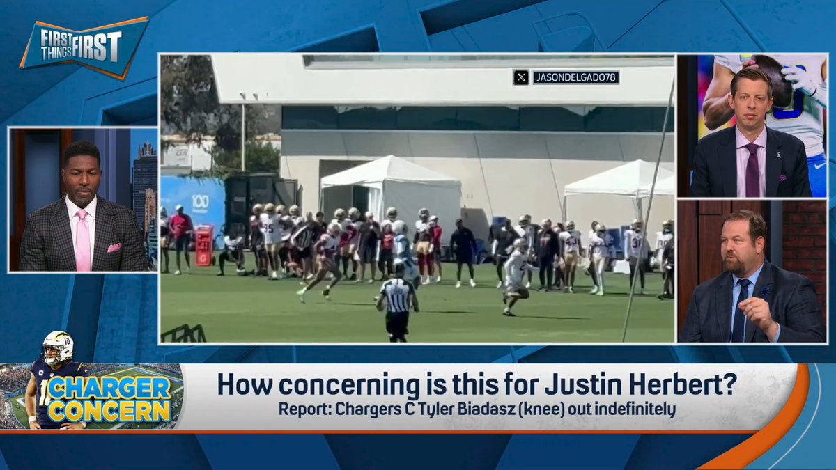 Report: Chargers C Tyler Biadasz (knee) out indefinitely. Danny Parkins reacts: “Nothing changes for Justin Herbert. The expectation is still be an MVP-caliber player and win multiple playoff games, but I feel for Chargers fans.”