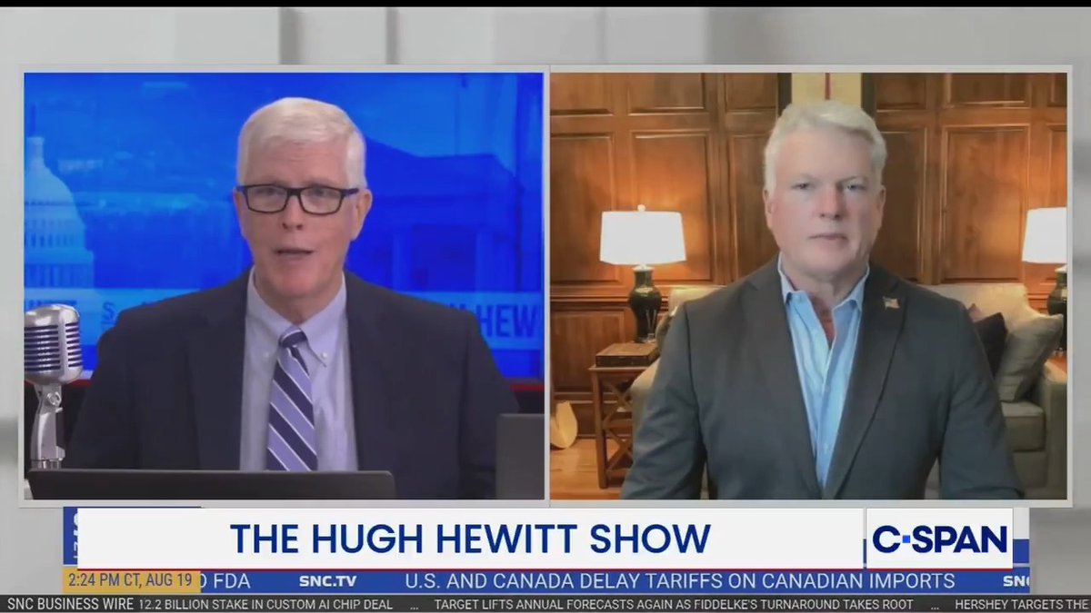 Georgia Sen. candidate Rep. Mike Collins (R) criticizes opponent Sen. Jon Ossoff (D) on Hugh Hewitt's show: "You can look at our voting record and tell that Jon Ossoff is responsible for these high prices, for your healthcare going sky-high, for the borders being wide open..."