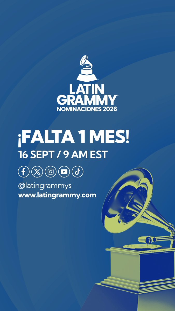 🎶 ¡Comenzamos la cuenta regresiva! En un mes conoceremos a los nominados de la 27.a Entrega Anual del #LatinGRAMMY. 👏✨ 📱Mantente atento a nuestras plataformas digitales este 16 de septiembre para el anuncio oficial.