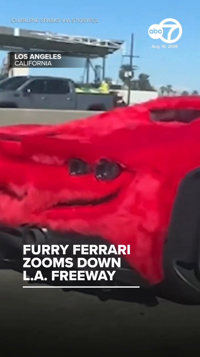 A Ferrari covered in a bright red fur coat was spotted cruising along a freeway in Los Angeles. 🏎️👀