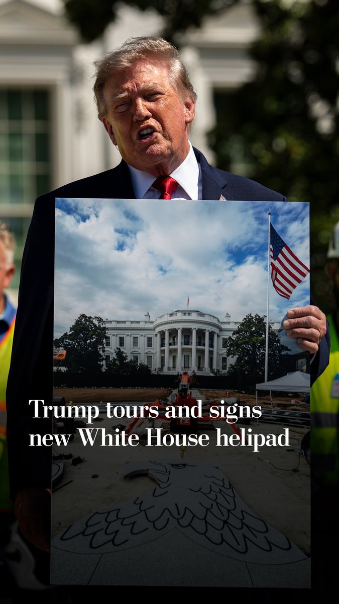 President Trump gave a tour of construction on his new 100-foot-wide helipad on the White House South Lawn. During the visit, Trump and members of the construction crew signed the underside of a granite slab shaped like an eagle’s head.
