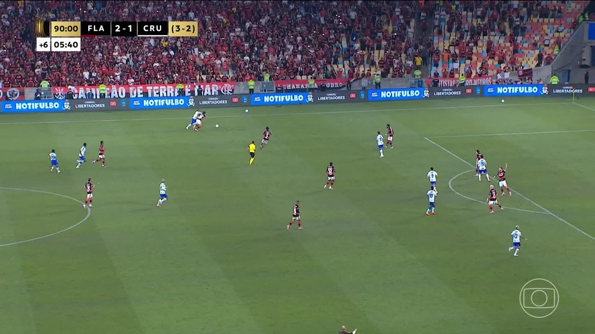 O lance de Pulgar com João Costa no fim de Flamengo 2x1 Cruzeiro. Luis Roberto: "Rangendo os dentes, o Pulgar." 🎥 TV Globo | ge