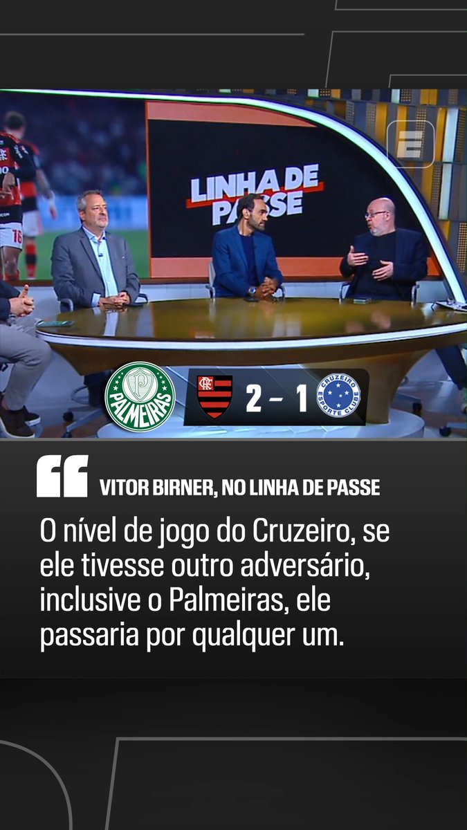 "Pelo nível de jogo do Cruzeiro, se ele tivesse outro adversário (que não fosse o Flamengo), ele provavelmente passaria por qualquer um, inclusive o Palmeiras." 🎙️ Vitor Birner, na ESPN. 🎥 ESPN Brasil | SportsCenter Brasil