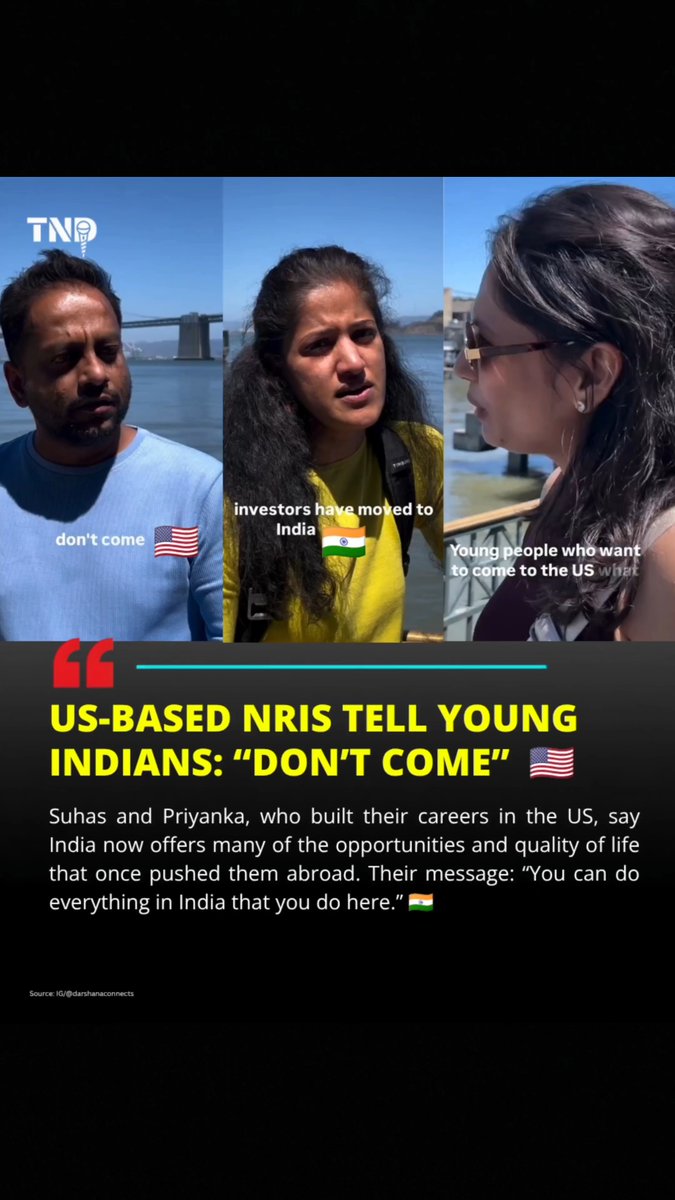 “Don’t come 🇺🇸” Two US-based NRIs advise young Indians against moving abroad, saying the India they left behind has changed dramatically. “You can do everything that you do here; you can do it in India,” says Suhas, noting growing opportunities and investor interest in India.