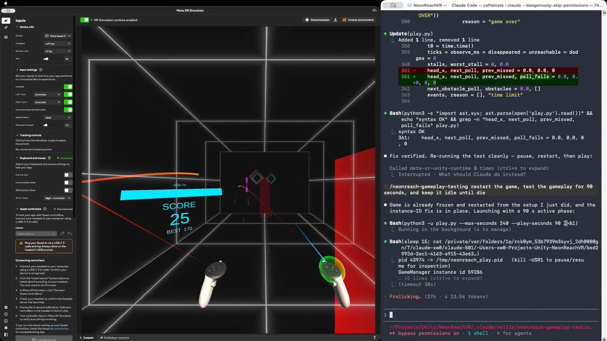 Would you believe an AI agent can test a real VR action game in real time, the way a person plays it? Meta XR Operator makes it possible. As far as I know, this is the first time. I am not talking about tapping a menu or replaying a recorded click path, but genuinely moving, shooting, and using the same game mechanics a human player does. In NeonReach VR, which is a real (and open source) action game, rings spawn 12m out and come at you somewhere between 1.5 and 5.5 m/s, getting faster over a 90 second ramp. There are three kinds: straight, weaving side to side, and spinning. Every shot is a full slingshot cycle, so you press, pull back, aim, then release. Obstacles arrive at head height and cost you a life if you don't get out of the way. You have ten lives. Here is why the game is hard for an AI agent. Even though Meta XR Operator gives the agent everything it needs to observe the app and act inside it, the agent still cannot play. One agent turn takes 10 to 15 seconds. One throw is four steps that have to happen in order, because the press has to latch before the pull, and they cannot be batched into a single call. So a throw costs about 45 seconds. A fast ring only exists for 2.3 seconds. One action takes 20x longer than the target is alive. Prompt tuning does not close a gap that size. What works is a three stage path: EXPLORATION, then SKILL, then SCRIPT. 1/ EXPLORATION. The agent drives the live app and works the game out on its own. It verified the coordinate mapping by setting a pose and reading it back, then derived the launch model. The more useful output was the traps it found. For example, the player's own body collider silently deflects a ball released inside it, with no error and no log line. That produced two confident wrong conclusions before anyone caught them. 2/ SKILL. All of that gets written down as a reusable SKILL.md plus an aim solver. There is a section that separates what was actually verified from what was assumed, so a wrong conclusion cannot quietly turn into doctrine. This stage also produced the trick that mattered. Set timeScale to 0 and a throw becomes atomic in game time, so however long the agent spends thinking never shows up in the shot. 3/ SCRIPT. The agent then compiles everything into a player script, a loop that observes, decides, and throws, calling the MCP servers directly from Python with no model in the hot path. Round trips drop from 10 to 15 seconds down to something between 1 and 16 milliseconds. The loop runs at 23 Hz, about 0.75 seconds per throw, roughly 60x faster than the agent doing it turn by turn. The result is that it plays like a person, which you can see from the attached video. It tracks the rings, works out where each one is going, throws with whichever hand is free, moves out of the way of the obstacles, and does not wait around to see whether the last throw landed. Shipping settings, no difficulty edits, no health locks, no slow motion. It plays until it actually loses. The takeaway generalizes beyond games: an agent does not have to be the player. Even following the same rules as a player, it has too much latency between moves. Having the agent write the thing that acts bypasses that constraint entirely. Try it yourself: or explore the agent-created skill and scripts: Based on NeonReach VR by Dilmer, with no code changes. I only upgraded its Meta XR Core SDK to v205, which ships Meta XR Operator. Our blog post, Introducing Meta XR Operator: Close the Build-Test-Verify Loop for VR: Disclosure: I work at Meta. And this represents my own opinion. #XR #VR #AI #MetaQuest #Unity #GameDev