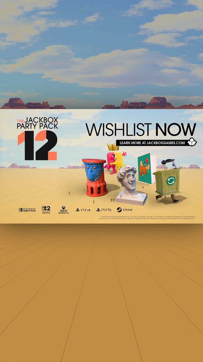 The Jackbox Party Pack 12 is coming on October 15th to all major platforms. 🌵 Get ready to play 5 all-new games including: MegaPals 🫂 We Forgot A Card! 📝 Idol Factions 🕳️ Hyperface 🫠 Debate &amp; Switch 🎤 Wishlist now! 🔗