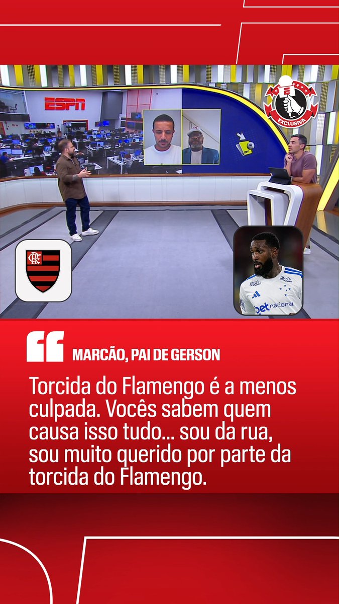 "A torcida do Flamengo é a menos culpada. Vocês sabem quem causa isso tudo. Eu sou da rua, sou muito querido por parte da torcida do Flamengo." "Dentro do Flamengo é bem complicado, as coisas têm que ser do jeito que a diretoria quer." 🎙️ Marcão, pai e empresário de Gerson, à ESPN. 🎥 ESPN Brasil | SportsCenter Brasil