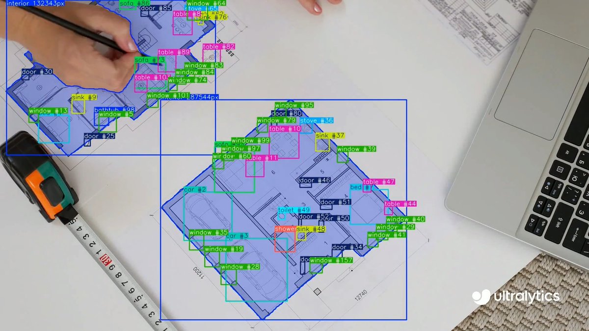 Floor plans are data hiding in plain sight 🗺️ Ultralytics YOLO26 instance segmentation can identify walls, rooms, corridors, doors, and other architectural elements, helping to convert floor plans into structured layouts, support facility management, inform construction planning, and enable digital twin workflows. Explore more ➡️ #Ultralytics #YOLO26 #AI
