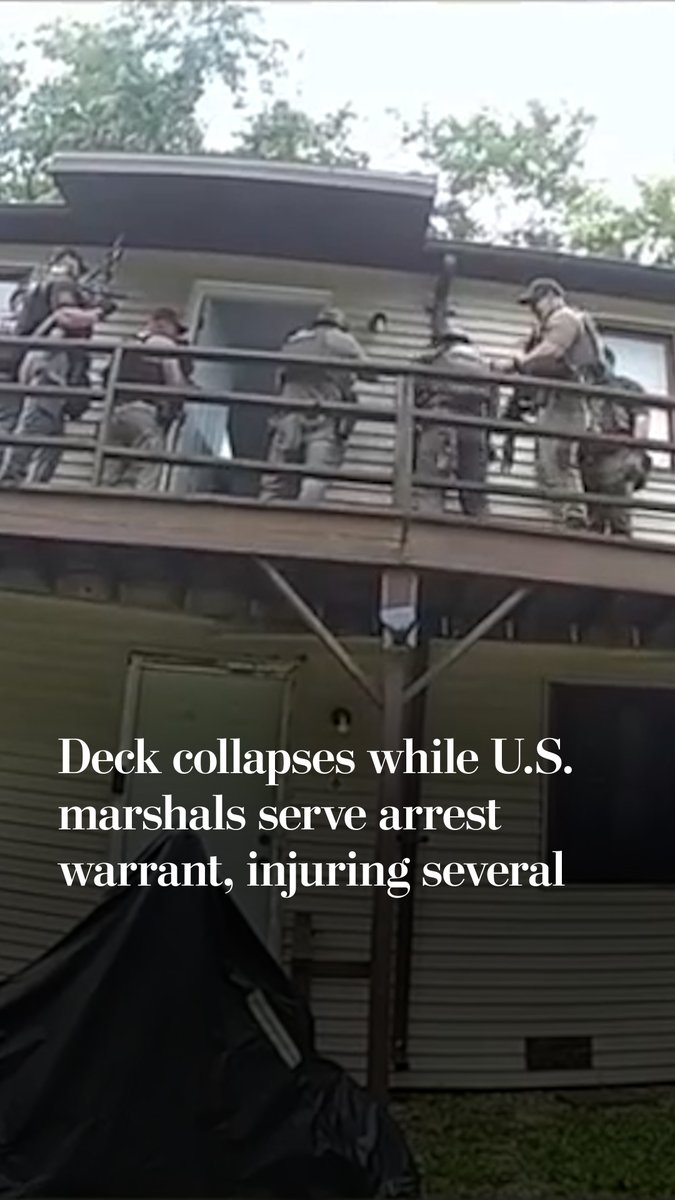 Body camera video captured a deck collapsing beneath members of a U.S. Marshals Service task force as they were attempting to serve an arrest warrant at the home of a man who the agency said failed to register as a sex offender.