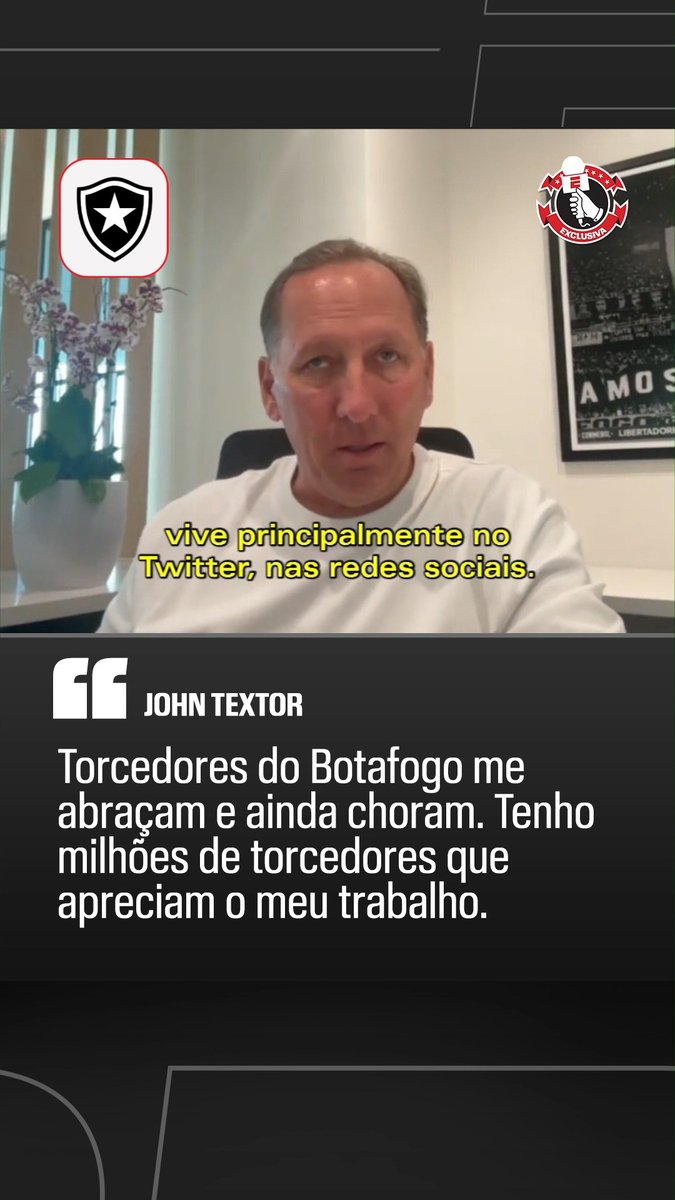 "Torcedores do Botafogo me abraçam e ainda choram, como eu choro com eles. Tenho milhões de torcedores que apreciam o meu trabalho." 🎙️ John Textor. 🎥 ESPN Brasil | SportsCenter Brasil