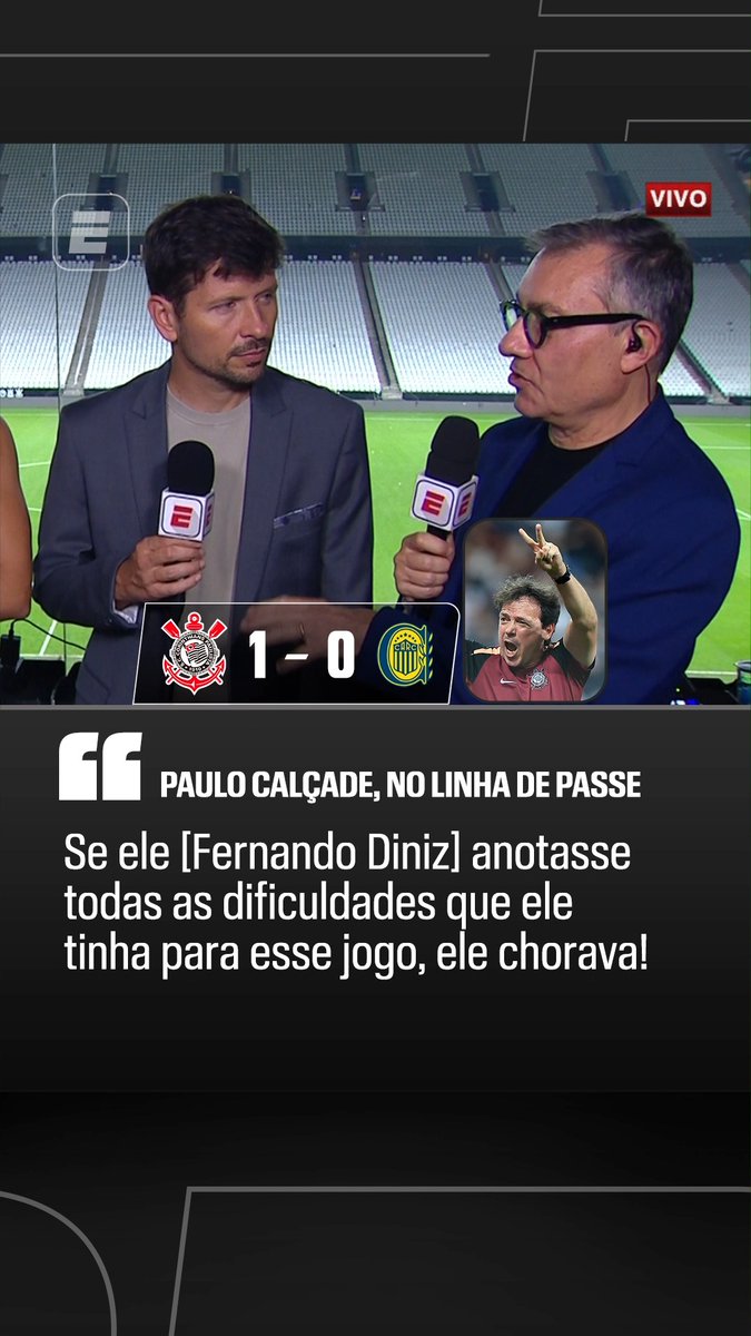 "Se o Fernando Diniz anotasse todas as dificuldades que ele tinha para esse jogo (Corinthians x Rosario Central), ele chorava." 🎙️ Calçade, na ESPN. 🎥 ESPN Brasil | SportsCenter Brasil