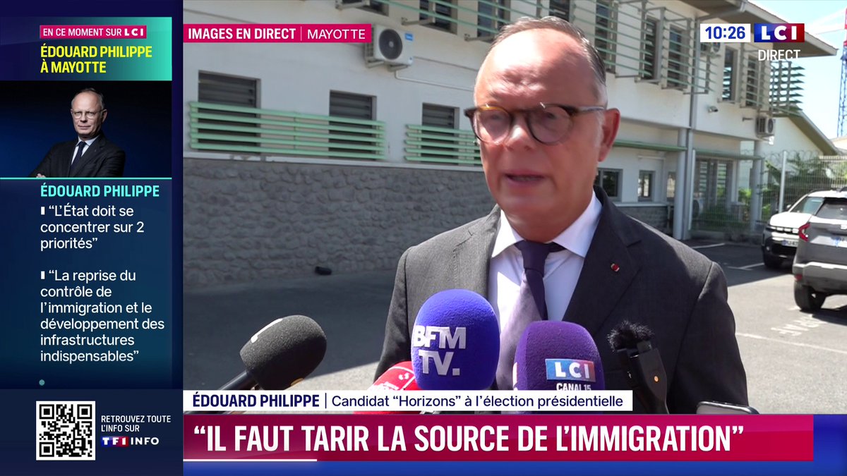 🗣️ "Il est totalement inacceptable qu’un État étranger tel que les Comores revendique sa souveraineté sur une partie du territoire national." 💬 En déplacement à Mayotte, Édouard Philippe, candidat à l’élection présidentielle, dévoile ses propositions pour contenir l’immigration