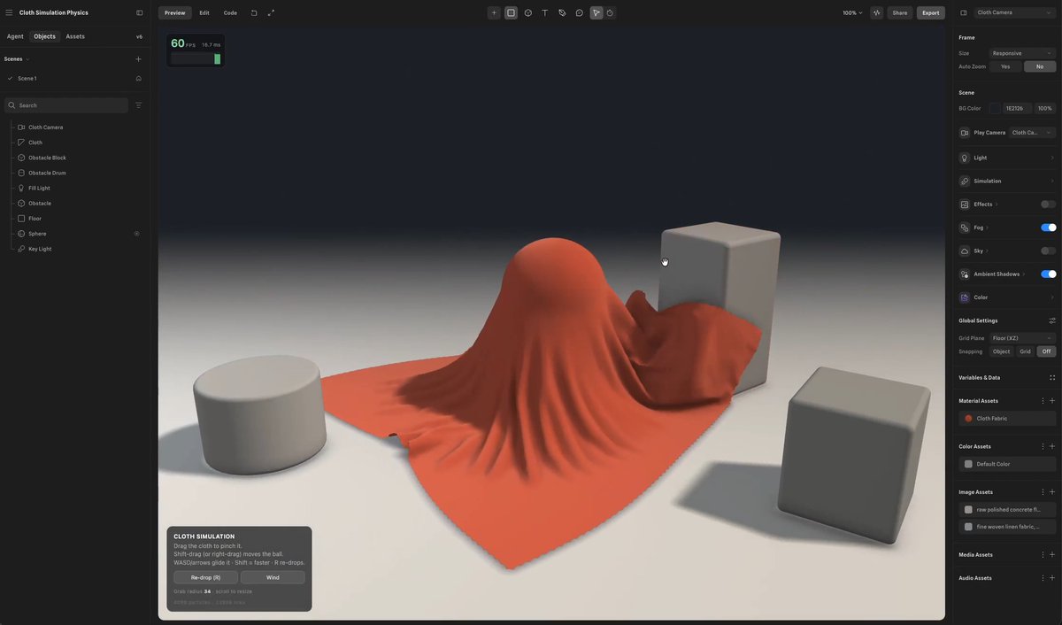 Here's a little demo I made in Spline v2 using the new AI Agent Mode. This is in the editor, in preview mode. You can try it too, I just gave it this prompt: "Create a cloth simulation and make it interact with this sphere. Let me move the sphere around and grab the cloth. Add a floor and some obstacles." The code can update the geometry of any object in the scene, and play with vertices and normals. I'd love to see what you can create with Spline. Let's go!! 🚀