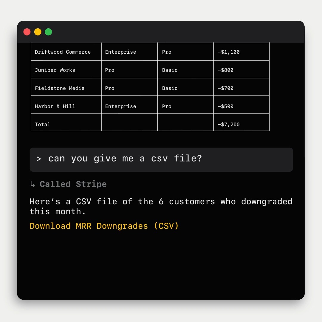 New: analyze your Stripe data with agents. Connect to the Stripe MCP to build custom reports and dig into insights like MRR, churn, and retention. Available for businesses using Stripe Sigma.