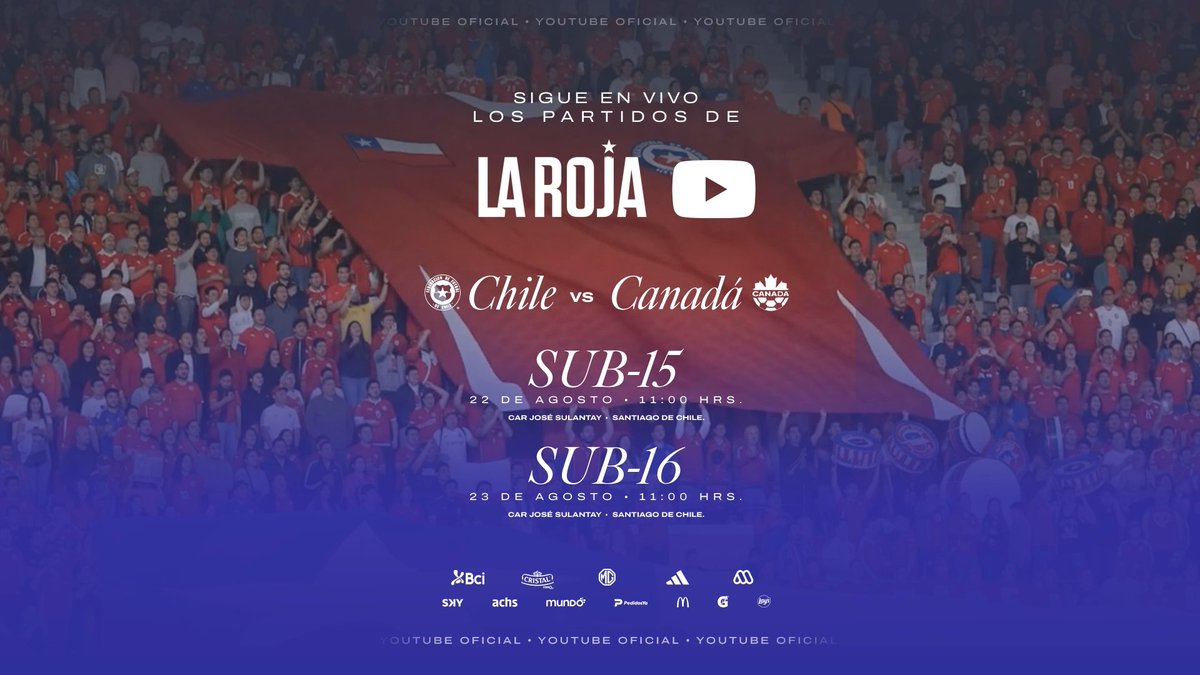 ¡Los partidos de #LaRoja 🇨🇱 Sub-15 y Sub-16 ante Canadá 🇨🇦 se viven EN VIVO por nuestro Canal de YouTube! ▶️🔴 🗓️ Sábado 22 | 🕚 11:00 horas 🇨🇱 #LaRoja Sub-15 🆚 Canadá 🇨🇦 🗓️ Domingo 23 | 🕚 11:00 horas 🇨🇱 #LaRoja Sub-16 🆚 Canadá 🇨🇦 🔗: