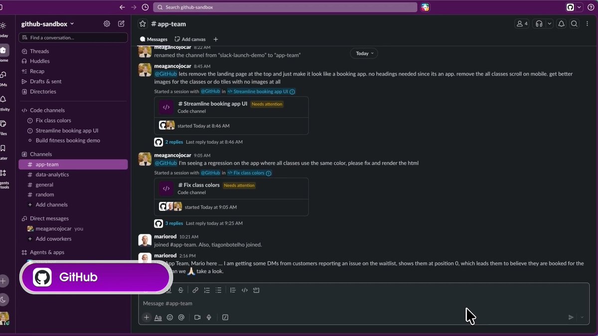 Watch Slack Code change the game. 👇 GitHub spins up a code channel, connects it to the repository, and gets to work on a fix. The team watches, weighs in, and builds alongside it, all in real time. Multiplayer AI? Check. All in Slack? Check. Check out the video? Check.