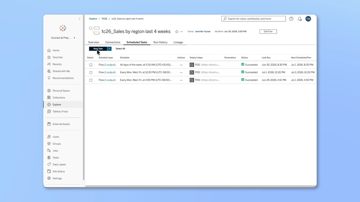 Stop feeding your AI and analytics stale data. Tableau Prep keeps your flows current with automated data refreshes. Paired with Composable Data Sources in Desktop, Prep enables you to power your models with a complete pipeline of trusted data. Learn more: