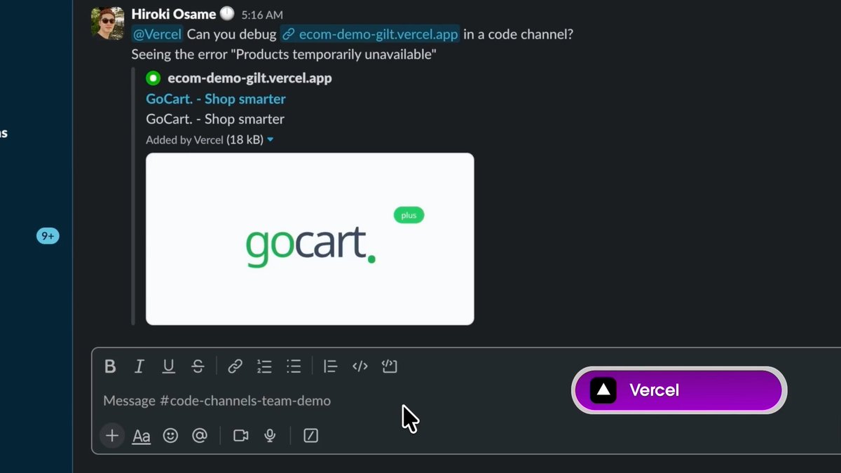 How is Slack Code changing the way Vercel works with agents? 👀👇 Now, when a bug pops up, the agent gets right on it. It digs into what went wrong, fixes it, and checks that everything’s working again. And the team’s right there, working alongside it the whole time. This is a whole new way to work in Slack. NBD. 😉