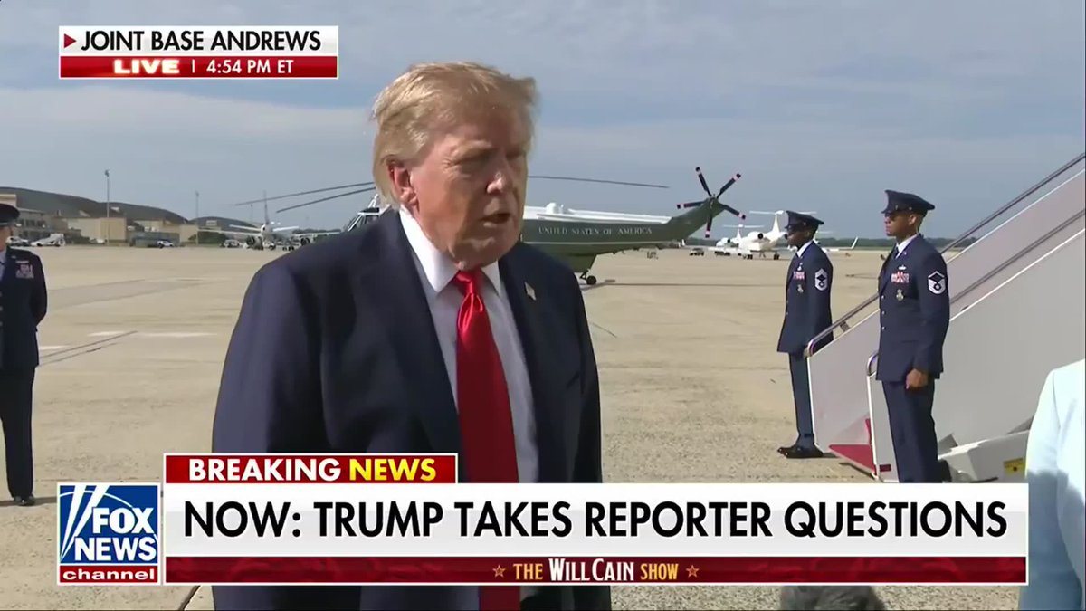 “By the way, are we going to miss Karoline? I’m going to miss her.” President Trump shares a lighthearted moment with reporters at Joint Base Andrews, asking if they’ll miss Karoline Leavitt as she prepares to leave her role as White House press secretary at the end of August.