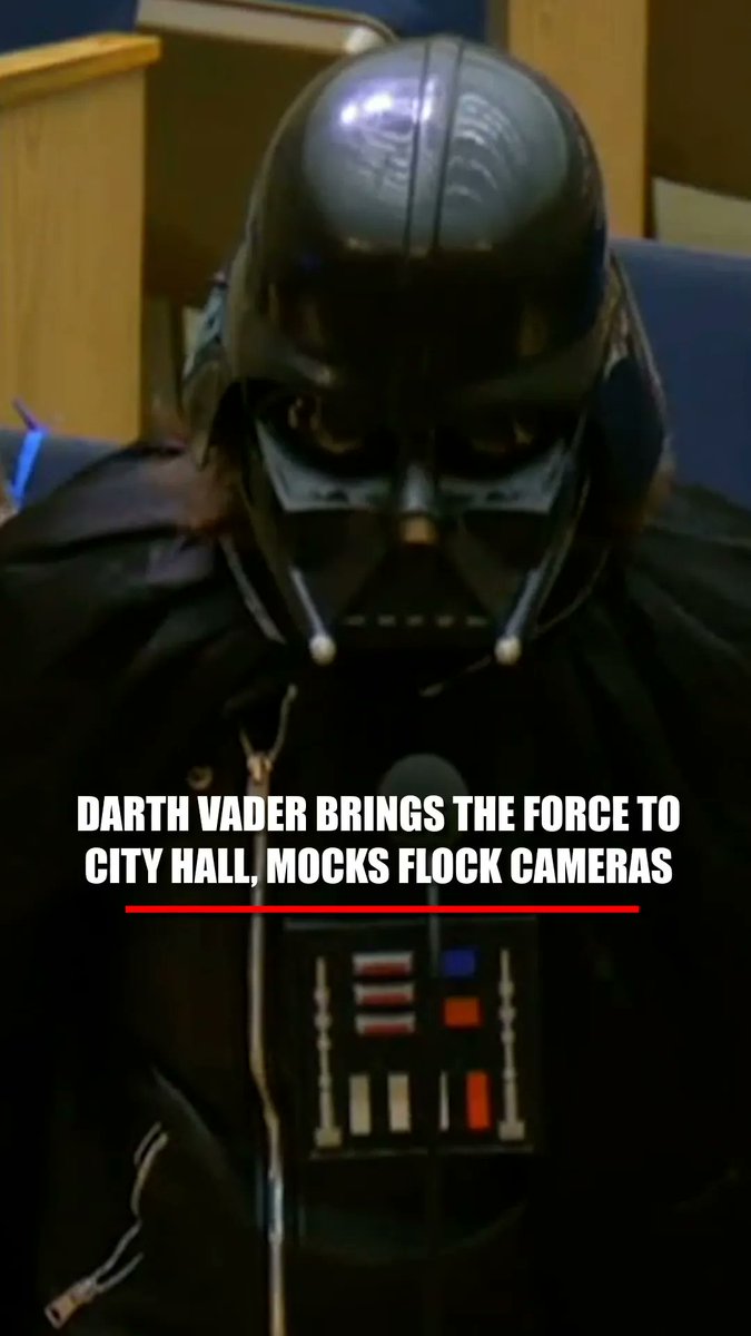 Darth Vader takes the podium at a San Diego city meeting to mockingly defend Flock police surveillance cameras, suggesting the technology could be a powerful asset to the dark side. "This is what the emperor needs." The man, dressed in Vader's signature helmet and dark cape, weighs in as the city discusses law enforcement's use of the controversial technology to monitor license plates and vehicles. “This technology will help us find the rebel scum and their hidden base on Hoth.”