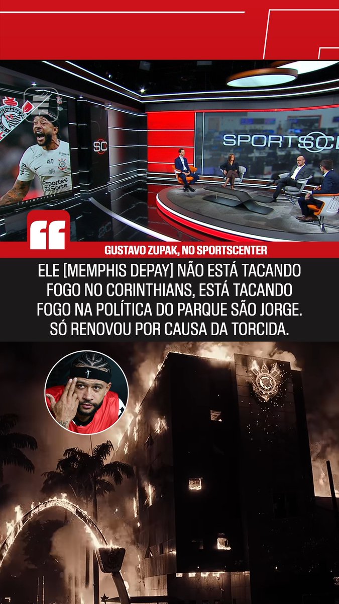 No SportsCenter, Gustavo Zupak opinou sobre a nova música de Memphis Depay, chamada “Don’t Panic”. No clipe, o Parque São Jorge pega fogo, e Zupak disse que o camisa 10 está “tacando fogo” na política do Corinthians, não no clube, e que o holandês percebeu que tem a torcida na sua retaguarda. #FutebolNaESPN #Corinthians #MemphisDepay