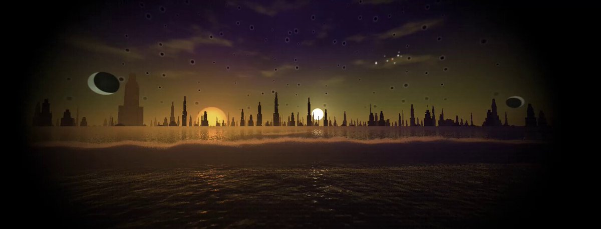 Fable: "I want a twigl shader that renders Lost Carcosa from The King in Yellow." (Shaders are procedurally generated using math alone) Along the shore the cloud waves break, The twin suns sink behind the lake, The shadows lengthen In Carcosa
