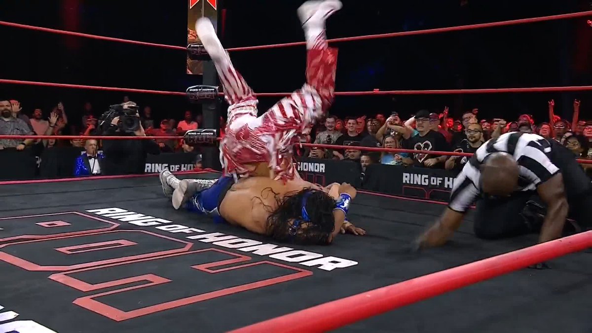 Bandido beats Nick Wayne with a Crucifix in the semi-main of DBD to retain his ROH World Championship!!! WHAT A BLOODY MATCH. One of the best all year long. These two just delivered a BANGER.